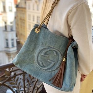 GUCCI Blue/Brown Denim and Leather Medium Soho Chain Tote